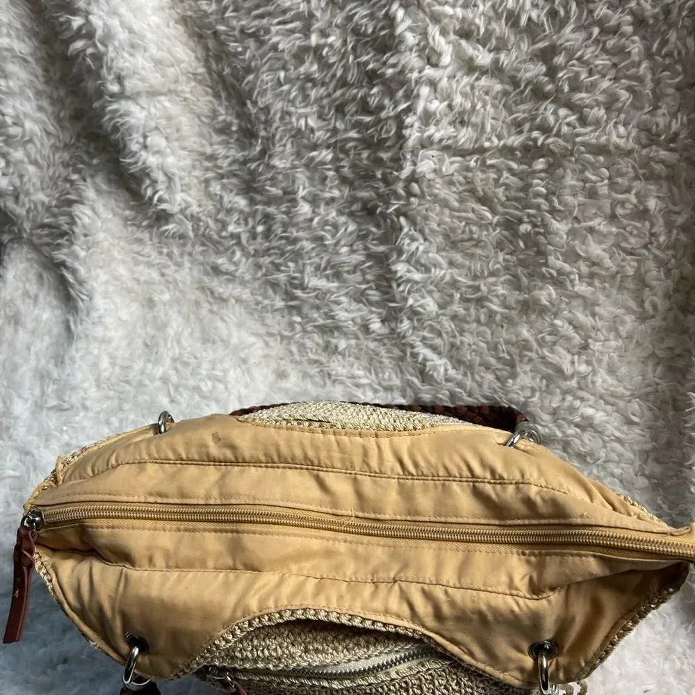The SAK Crochet Sand,gray &khaki bucket style shoulder bag braided brown straps
